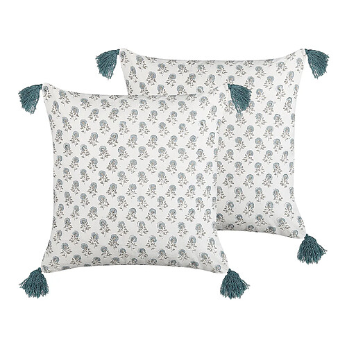 Beliani Lot de 2 coussins CORNUS Coton 45 x 45 cm Floral Impression en bloc Bleu