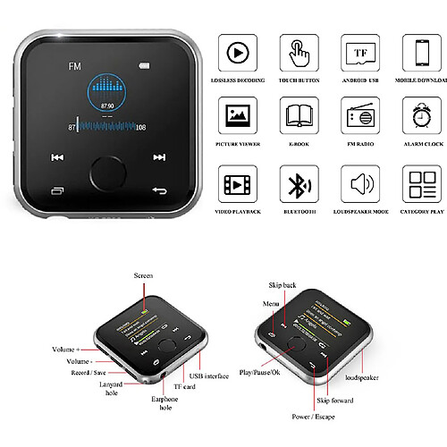 Lecteur Audio Bluetooth 4.2 Mp3 Mp4 Enceintes Intégré Radio Fm Voice Record_8Go