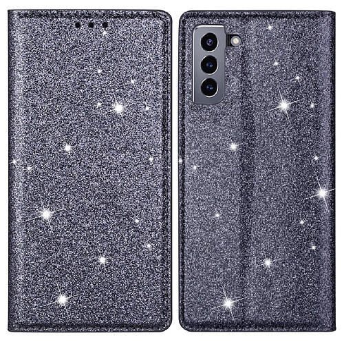 Coque en TPU + PU motif de paillettes, absorption magnétique avec porte-carte gris pour votre Samsung Galaxy S22