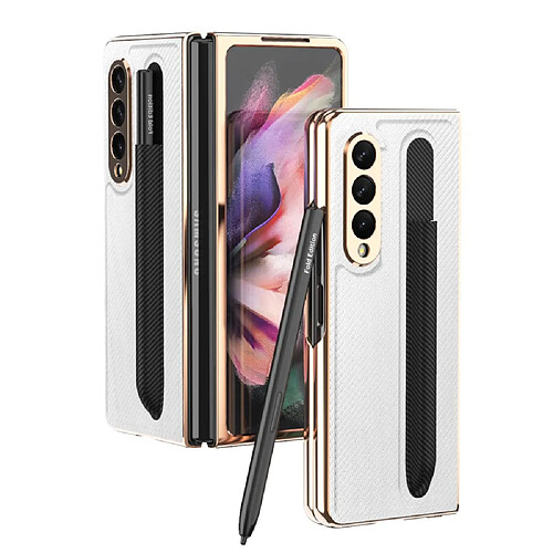 Coque en TPU + PU texture en fibre de carbone kevlar avec porte-stylo blanc pour votre Samsung Galaxy Z Fold3 5G