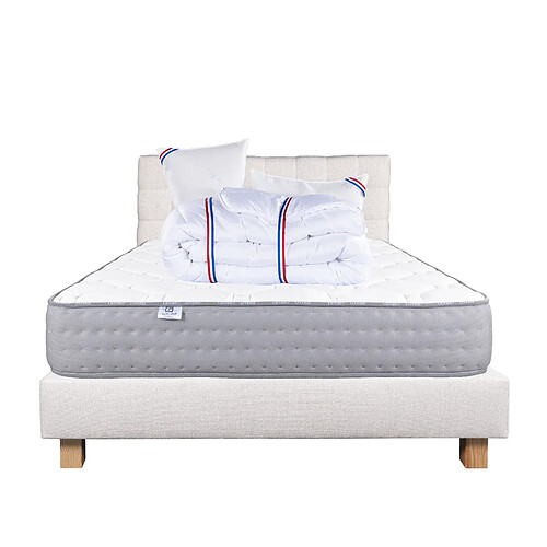 LUXURY LITERIE Ensemble matelas zen 140x200 cm + sommier beige ep20cm + 2 oreillers + couette + Tête de Lit