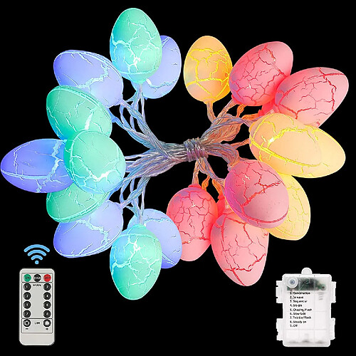 Décorations d'oeufs 20 LED 8 modes guirlande lumineuse étanche à piles avec télécommande, maison, cheminée, arbre, à l'étage, balustrade, décorations de fête