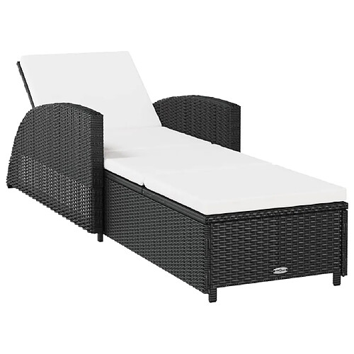 Helloshop26 Transat chaise longue bain de soleil lit de jardin terrasse meuble d'extérieur avec coussin blanc crème résine tressée noir 02_0012306