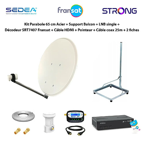 Sedea Kit Parabole 65cm Acier + Support Balcon + LNB Single + Décodeur SRT7407 Fransat + Câble HDMI + Pointeur + Câble Coax 25m + 2 fiches