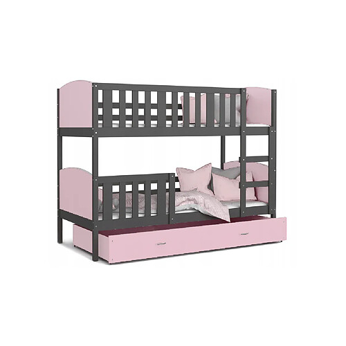 Kids Literie Lit Superposé Tomy 90x190 Gris - rose Livré avec sommiers, tiroir et matelas en mousse de 7cm