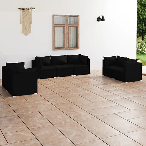 vidaXL Salon de jardin 7 pcs avec coussins Résine tressée Noir