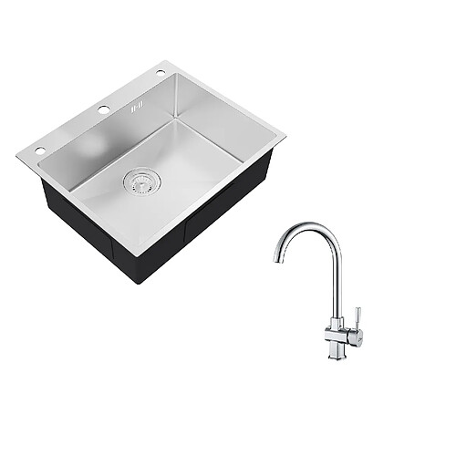 Auralum max Évier de Cuisine à Encastrer,1 Bac,60*49*20CM,Évier en inox 304,Silver+Robinet de Cuisine Chromé Pivotant à 360° Eau Froide /Chaude