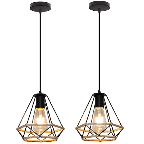 Stoex (2PCS) Lustre Rétro en Diamant Noir, Lampe À Suspension en Corde de Chanvre 20CM Plafonnier D'Intérieur Pour Chambre À Coucher Loft