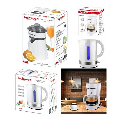 Techwood PACK DEJEUNER Cafetière Machine à café Blanche 6 tasses 650W + Presse fruit Blanc + Bouilloire 1L7 Blanche LED bleue 2200W