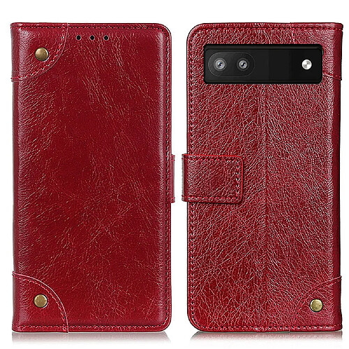 Etui en PU texture nappa, bouton décoratif en laiton avec support, rouge pour votre Google Pixel 6a