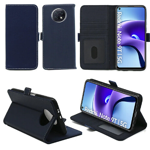 Xeptio Xiaomi Redmi Note 9T 5G Housse Protection Portefeuille bleue avec Porte Cartes - Etui Folio bleu navy Coque Antichoc - Accessoires Pochette