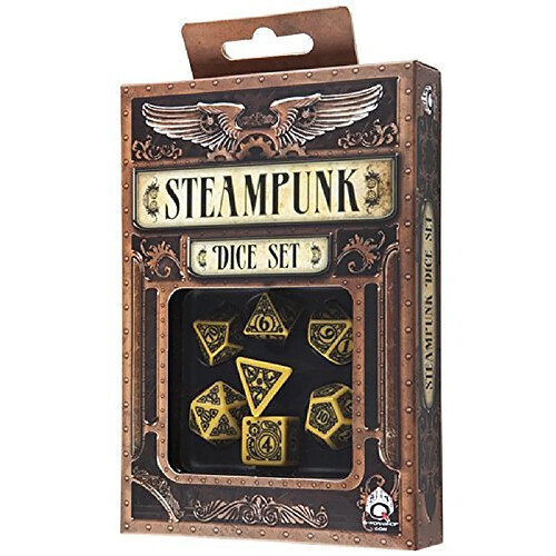 Q Workshop Q-Workshop Polyhedral 7-Die Set Carved Steampunk Dice Set (Yellow and Black)