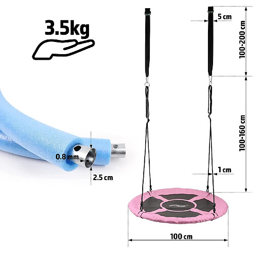 Helloshop26 Balançoire nid d'oiseau ronde à suspendre robuste charge max 300 kg diamètre 100cm cordes réglables extérieur intérieur rose balançoire suspendue pour enfants adultes jardin 01_0000325