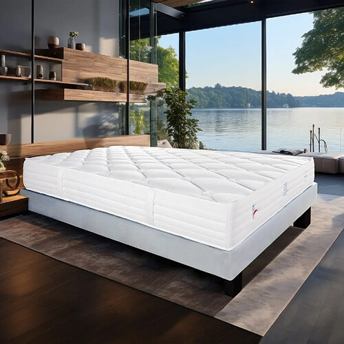 LUXURY LITERIE Ensemble Matelas Patriote Mousse, 27 cm, mousses haute densité , ferme, face été/hiver + sommier gris ep20cm, 90x190cm