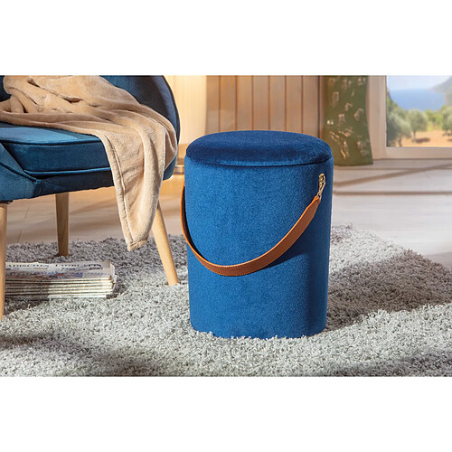 Alter Pouf seau conteneur en velours et poignée éco-cuir, couleur bleu, 35x35x45 cm