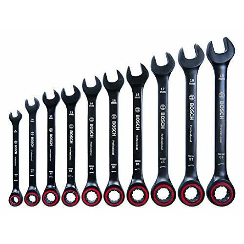 Bosch Set de 10 Clés Mixtes à Cliquet en Acier et Chrome Vanadium (8 -19 mm, dans Etui)