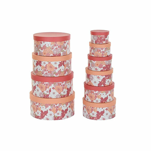 Jeu de Caisses de Rangement Empilables DKD Home Decor Fleurs Rayures Fuchsia Blanc Pêche Carton (37,5 x 37,5 x 18 cm)