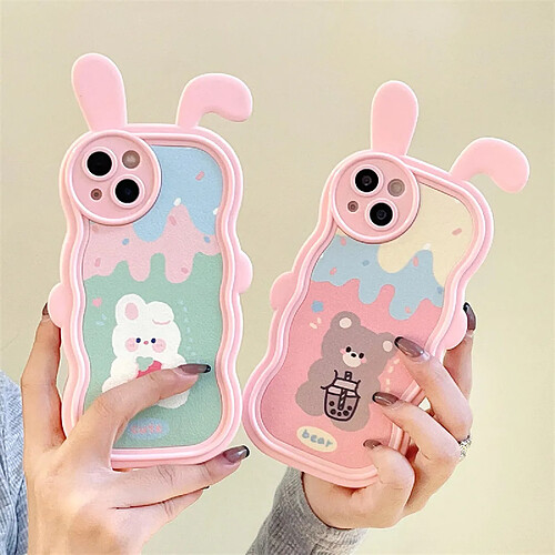 GUPBOO Étui pour iPhone13 étui pour téléphone portable mignon ours et lapin au thé au lait perlé pour femmes