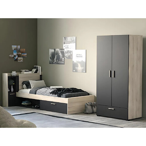 Vente-Unique Lit modulable 90 x 190/200 cm avec rangements - Noir et naturel - MARTELO