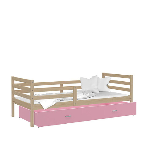 Kids Literie Lit Enfant Milo 90x190 Pin - rose Livré avec sommiers, tiroir et matelas en mousse de 7cm