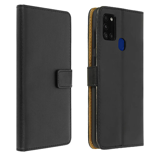 Avizar Housse Samsung Galaxy A21s Cuir Véritable Porte-carte Support Vidéo Noir