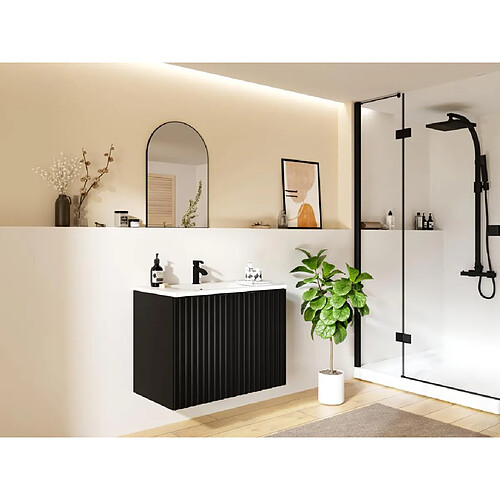 Vente-Unique Meuble de salle de bain suspendu strié avec vasque à encastrer - Noir - L80 cm - ZILGA