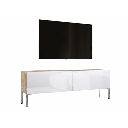 3XELIVING Meuble TV en couleur Chêne wotan / Blanc Brillant avec pieds droits en chrome, D: l : 140 cm, H : 52 cm, P : 32 cm