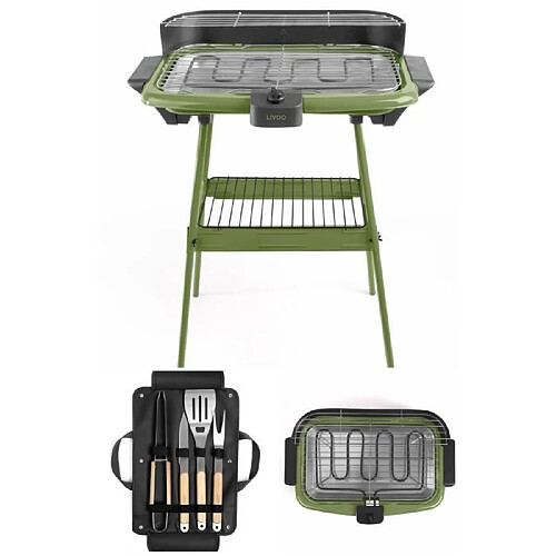 Livoo Barbecue Electrique sur Pieds ou de Table Vert 2000W + Set de 4 accessoires pour barbecue Acier inoxydable avec finition bois