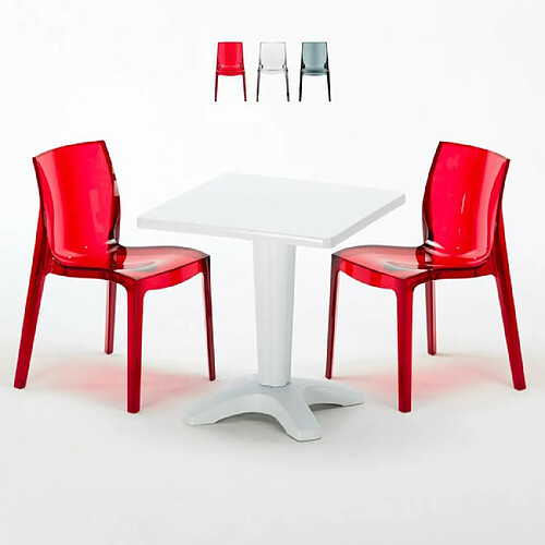 Table et 2 chaises colorées polycarbonate extérieurs Grand Soleil Caffè, Chaises Modèle: Femme Fatale Rouge transparent, Couleur de la table: Blanc