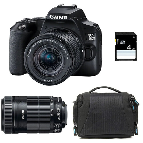 PACK CANON EOS 250D + 18-55 IS STM + 55-250 IS STM + Sac + SD 4Go