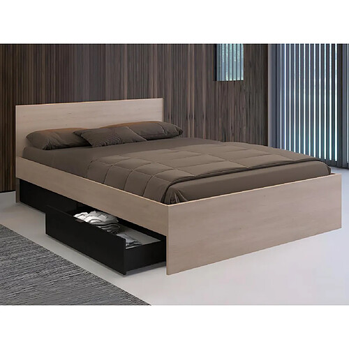 Vente-Unique Lit avec 2 tiroirs 160 x 200 cm - Coloris : Naturel et noir + Sommier + Matelas - VELONA