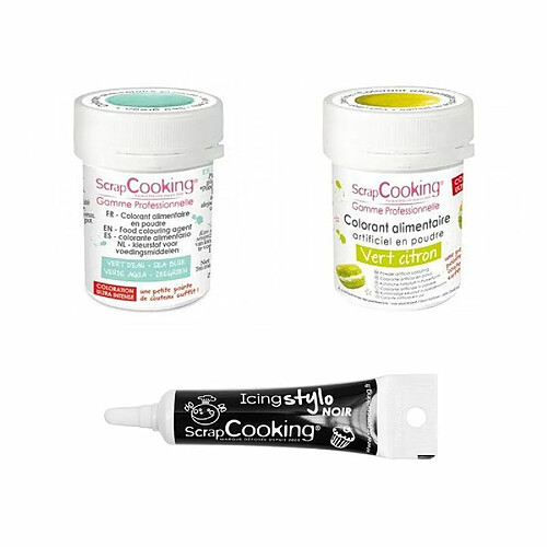 Scrapcooking 2 colorants alimentaires vert citron-vert d'eau + Stylo glaçage noir