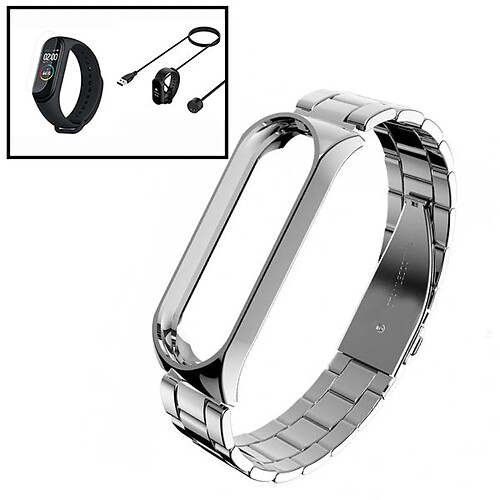 PHONECARE Kit Bracelet en acier Stainless Lux + Outil+ Chargeur Usb Charger + Gel d'écran de film protecteur Full Coque pour Xiaomi Mi Band 6 / Mi Smart Band 6 - gris