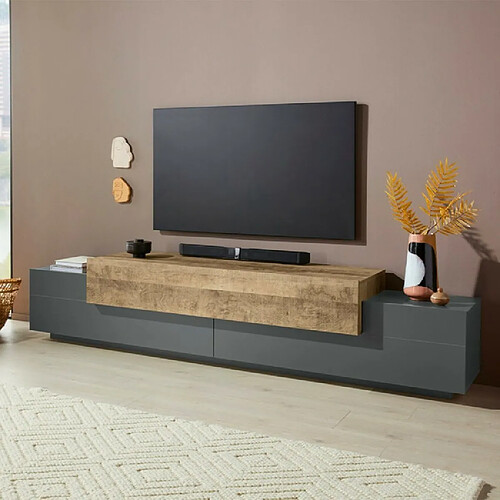 Ahd Amazing Home Design Meuble TV design moderne 240cm gris et bois Corona Low Hound