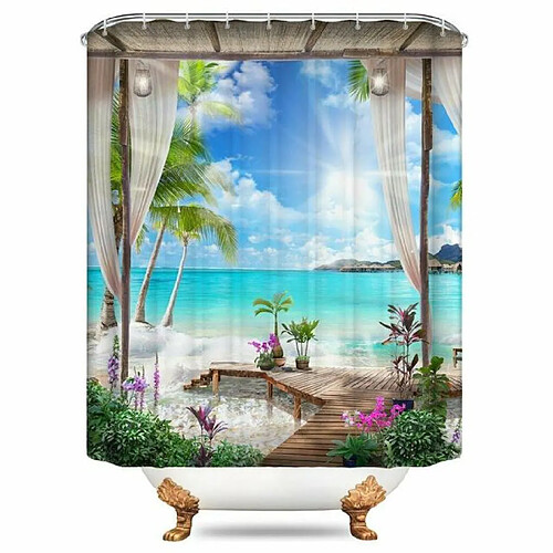 Universal Ensemble de rideaux de douche imprimés en 3D Sunny Beach Vue sur la mer Écran de bain Rideaux de salle de bain imperméables Tapis de bain Tapis de tapis (120 * 180cm)