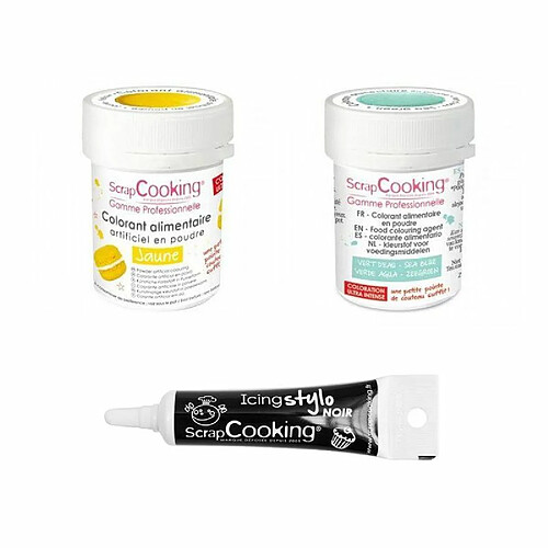 Scrapcooking 2 colorants alimentaires jaune-vert d'eau + Stylo glaçage noir