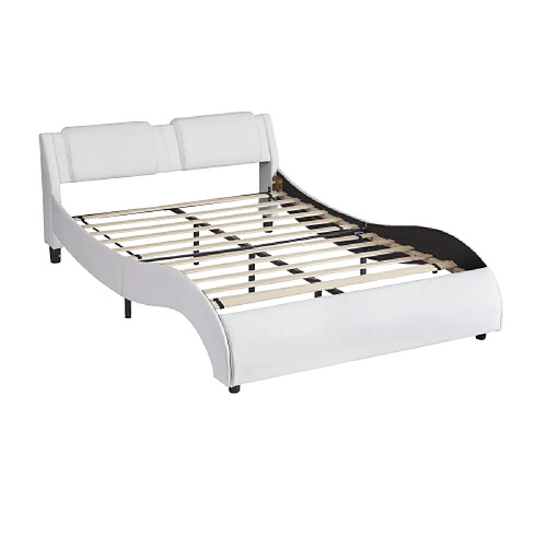 ComfortXL Lit Rembourré 140*200cm En Simili Cuir Avec Cadre Lumineux LED Et Sommiers à Lattes, Blanc