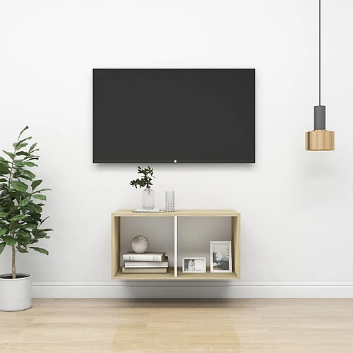 Maison Chic Meuble TV scandinave mural Banc TV suspendu pour salon - Chêne sonoma et blanc 37x37x72 cm Aggloméré -MN16046