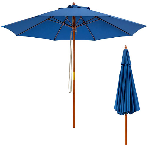 Helloshop26 Parasol de jardin pliable 2,9 m avec mécanisme de poulie à corde poteau en bois 8 baleines en fibre de verre pour cour bleu 20_0006342