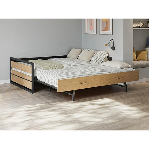 Vente-Unique Lit gigogne 120 x 200 et 90 x 200 cm - MDF, Pin et métal - Naturel et anthracite + Matelas - BOSTON