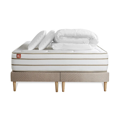 Marmottes & Co Pack prêt à dormir matelas LE DOUILLET 180x200cm Mémoire de forme BioVisco + double sommiers Beige + 2 oreillers + couette