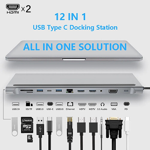 Universal Adaptateur USB type C gris station d'accueil pour ordinateur portable, MST double moniteur double HDMI VGA SD TF ordinateur portable Apple Dell XPS HP Lenovo