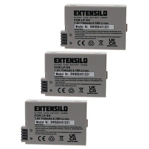 Vhbw EXTENSILO 3x Batteries compatible avec Canon EOS Rebel T5i appareil photo, reflex numérique (1100mAh, 7,4V, Li-ion)