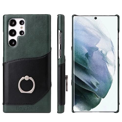 Coque en TPU + cuir véritable FIERRE SHANN avec béquille en anneau et porte-carte vert pour votre Samsung Galaxy S22 Ultra 5G