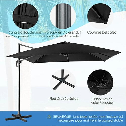 Helloshop26 Parasol déporté inclinable 3 x 3 m avec base croisée rotation à 360° manivelle 8 baleines event pour jardin terrasse noir 20_0009018