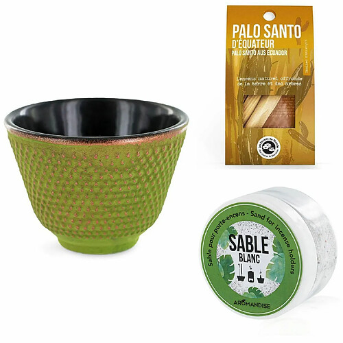 Aromandise Porte-encens coupelle Vert et Doré + Sable blanc + Bâtonnets Palo Santo