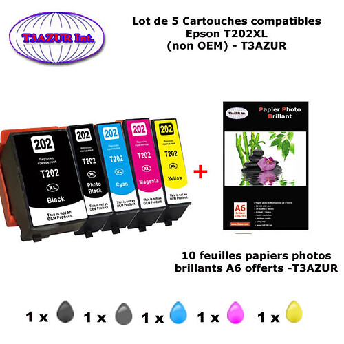 5 cartouches compatibles Epson T202XL pour Epson Expression premium XP6000 XP6005 T202 XL -10f A6 brillantes -T3AZUR