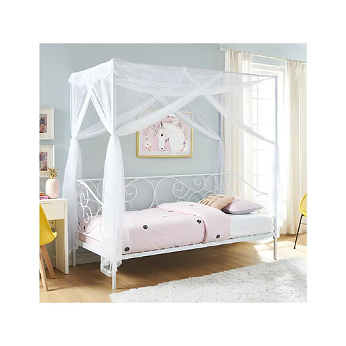 Vente-Unique Lit à baldaquin VIVIAN - 90 x 200 cm - Métal - Blanc + matelas