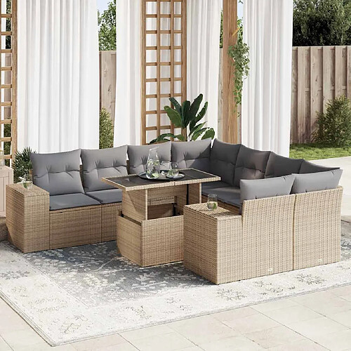 vidaXL Salon de jardin avec coussins 9 pcs beige résine tressée