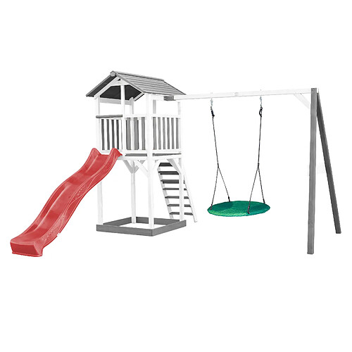 AXI Beach Tower Aire de Jeux avec Toboggan en Rouge, Balançoire Nid d'oiseau VERT & Bac à Sable | Grande Maison Enfant extérieur en Gris & BLANC | Cabane de Jeu en Bois FSC